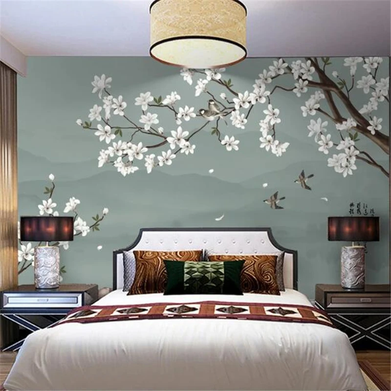 Custom wallpaper 3d mural Chinese style pen flower bird hand painted magnolia bird TV background wall paper home decor wallpaper