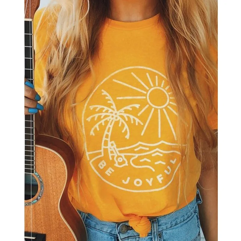 Be Joyful Landscape Graphic T-shirt Vintage Women Seaside Letter Print Funny Tshirt Summer Vacation Slogan Cotton Tee Shirt Top