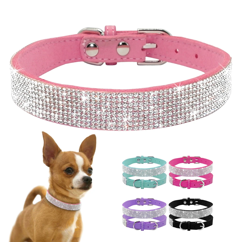 

Didog Soft Suede Leather Puppy Dog Collar Adjustable Rhinestone Cat Pet Pink Collars Suit Small Medium Pets XS S M Chihuahua