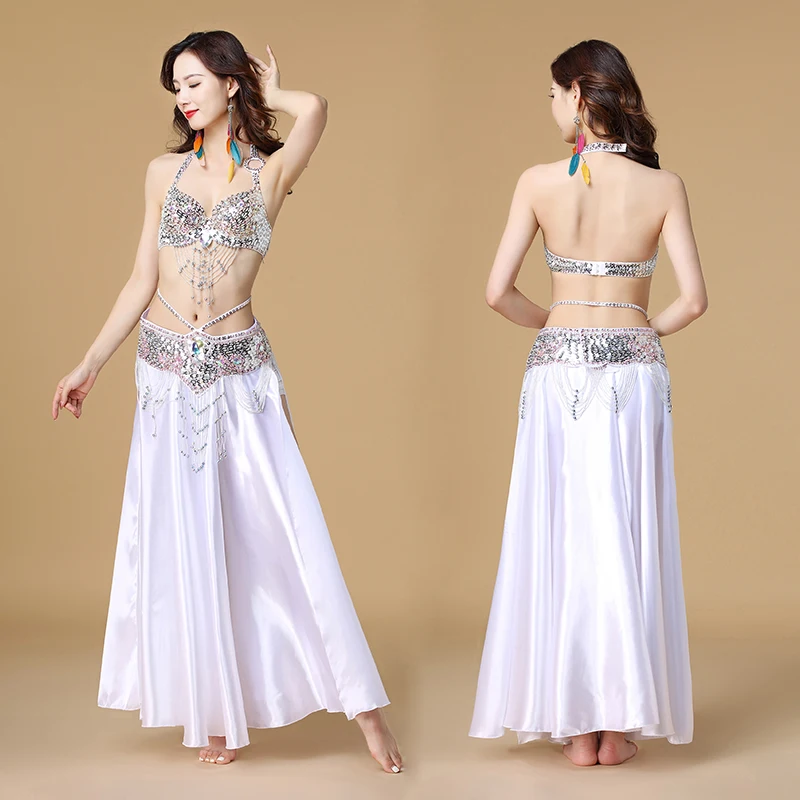 Belly Dance เครื่องแต่งกายเต้นรำอินเดีย 3 pcs Bra & เข็มขัดและกระโปรงเซ็กซี่เต้นรำผู้หญิงเสื้อผ้าชุด bellydance สวมใส่ 8 สีสำหรับเลือก