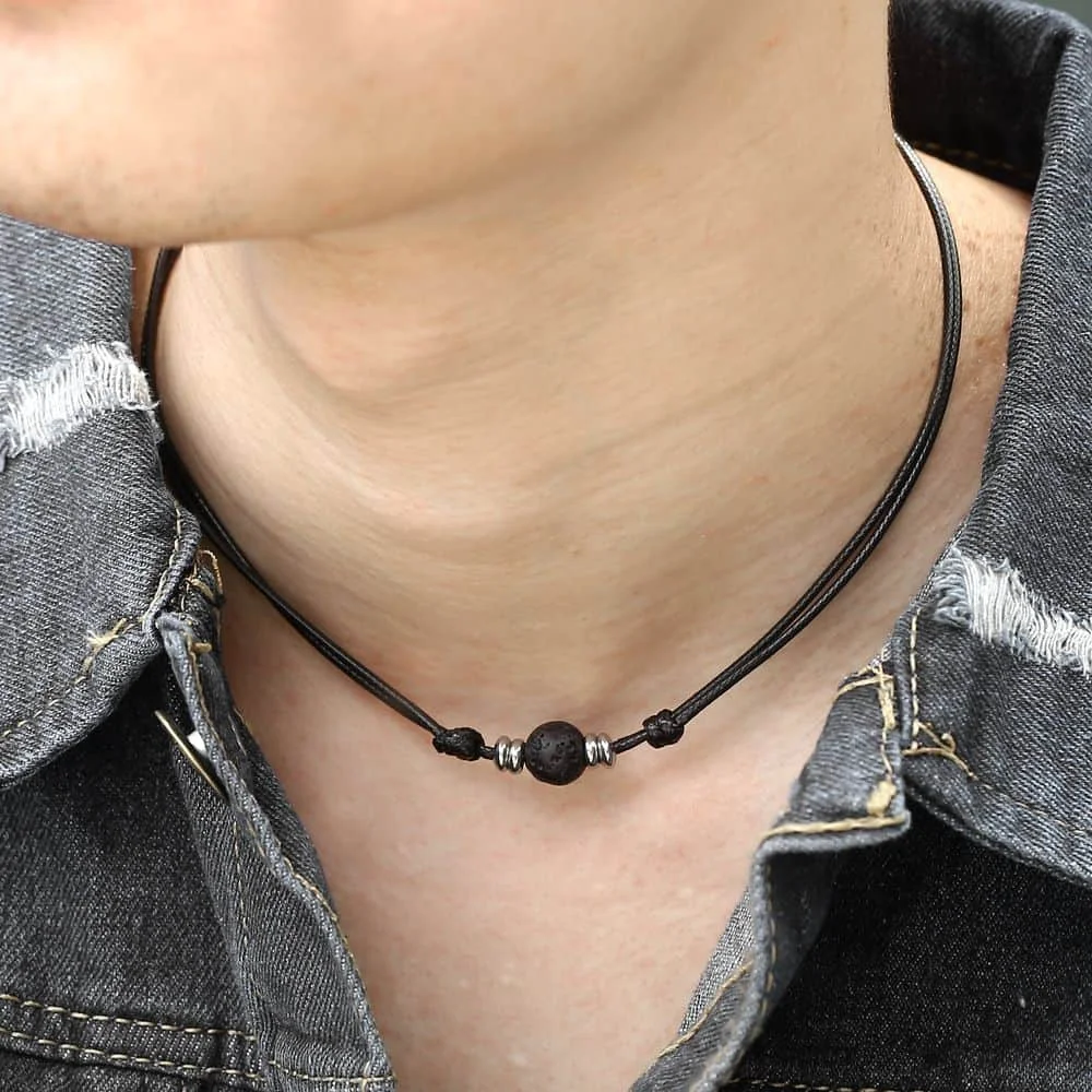 1.5mm Lava Rock Stone Choker Necklace Handmade Leather Chain Adjustable Length Mens Womens 8mm 10mm Wholesale Jewelry DNM18