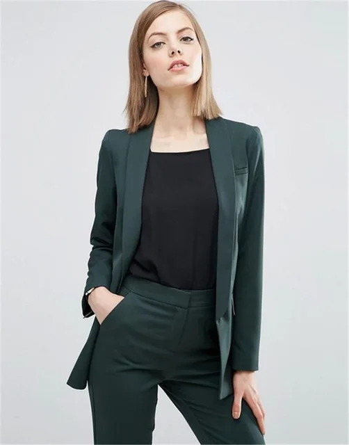 Dark Green Women's Slim Fit Formal Suits Female Casual Office Work Wear Uniform Style Suits 2 Pieces Set Traje Mujer