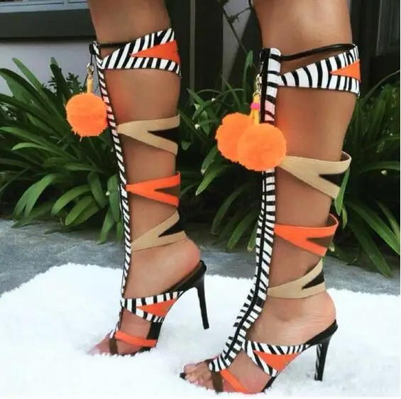 

Drop Shipping 2018 Summer New Brand Women Plus Size PU Patchwork Fur Ball Orange Black White Zip Front Sandals Knee Long Boots