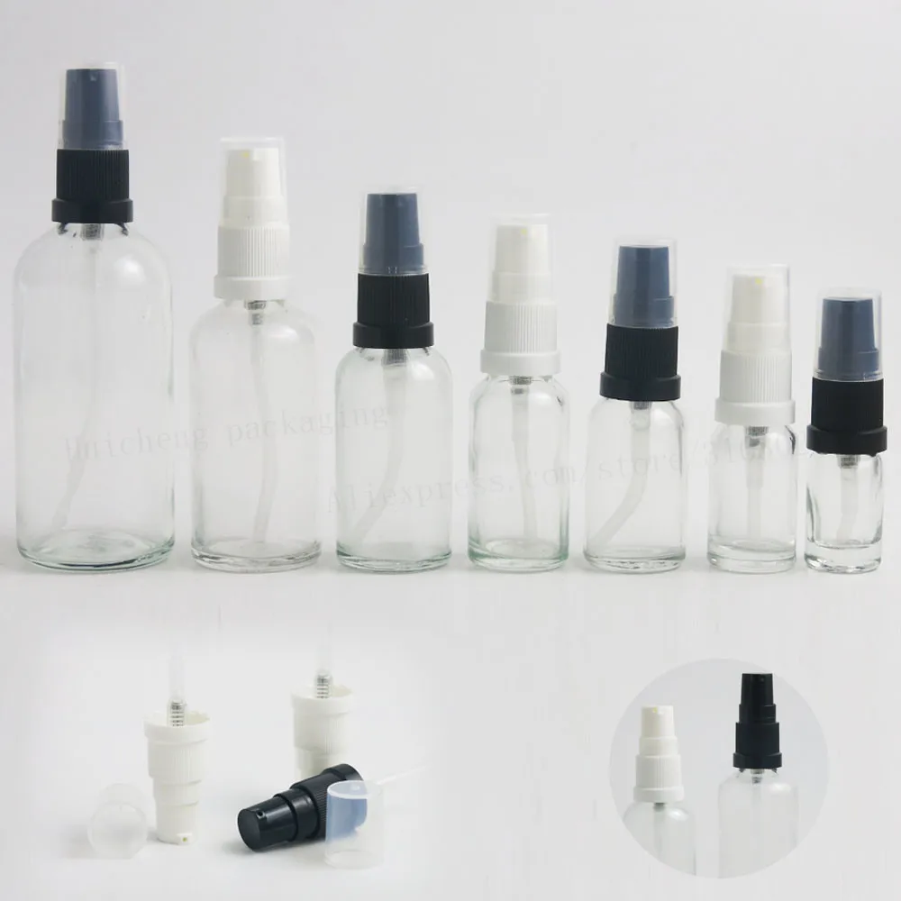 12 x lege reis helder 100 ml 50 ml 30 ml 20 ml 15 ml 10 ml 5 ml glazen fles etherische olie met pomp 1 oz glazen dispenserfles