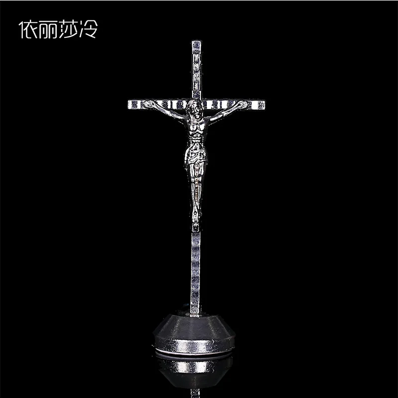 Fashion Golden Jesus Christian Catholic Cross Holy Cross Decoration Jesus Statue of Cross with Base Figurine Image.22x5.5CM