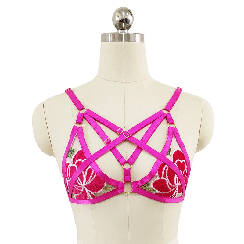 

Warm Red Color Harness Cage Bra Pastel Goth Lace Sexy Lingerie Body Harness Embroidery Wireless Padded Bra Lace Bralette