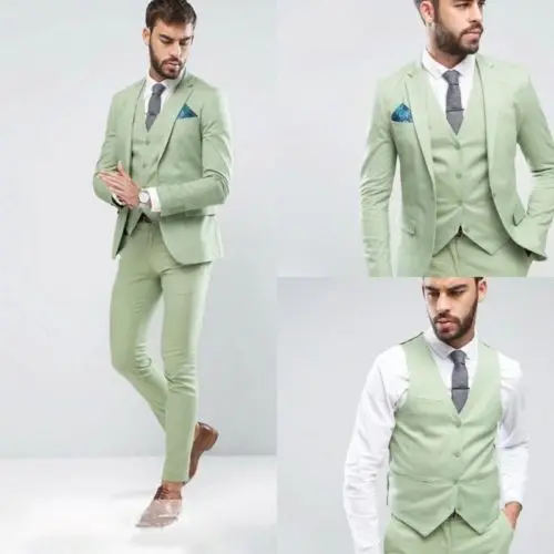 Latest Design Light Green Wedding Men Suit Groom Prom Tuxedo Terno Masculino Men Suits 3 Pieces ( Jacket+Pants+Vest)