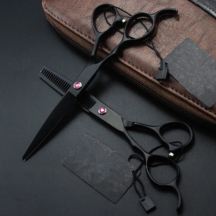 6 inch Left handed BLACK cut hair scissors set haircut thinning shears make up cutting barber tools hairdressing scissors