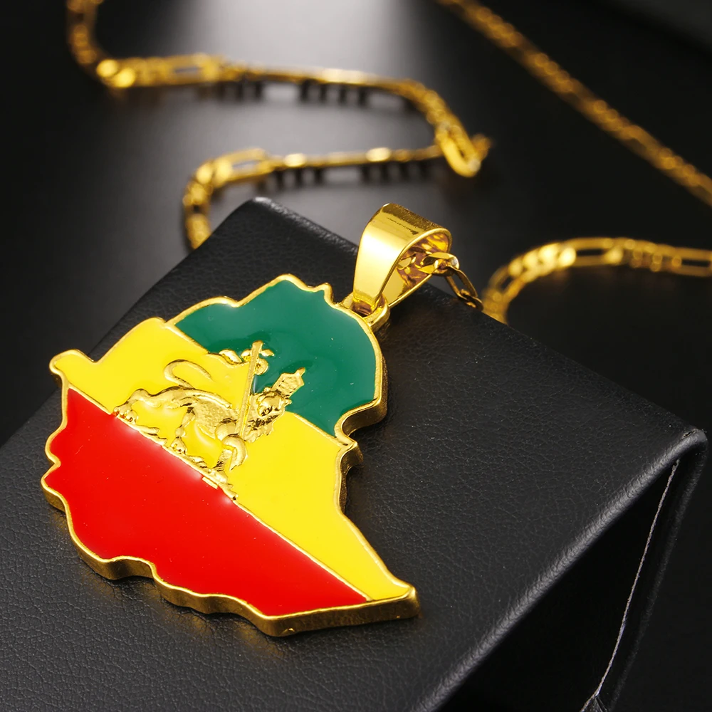 Ethlyn Jewelry  Ethiopian Flag & Lion Map Pendant Necklace for Women/Men Gold Color Pendant Jewelry Map Chain P118