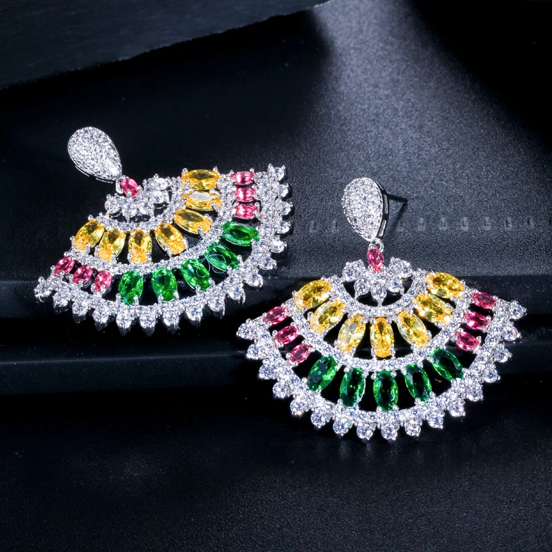 CWWZircons New Arrival White Gold Color CZ Jewelry Big Drop Green Cubic Zirconia Stone Vintage Dangle Earrings for Women CZ374