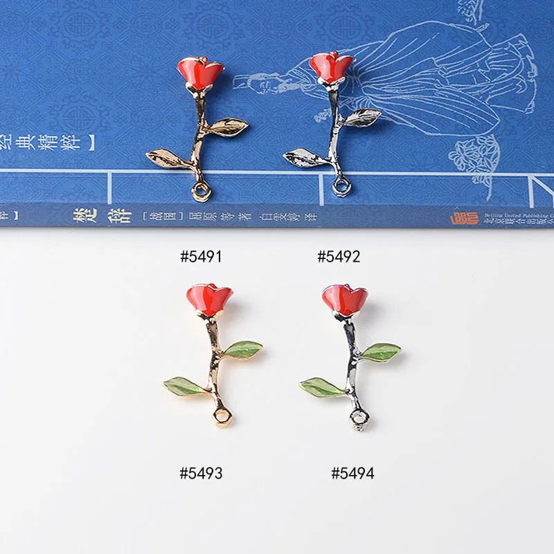 50PCS 25*40mm Gold tone Alloy Material Enamel Rose Flower Charm Pendant for Wedding Head DIY Handmade Jewelry Making