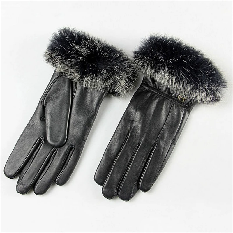 Brand Genuine Leather Gloves High Quality  Women  Sheepskin Gloves Fashion Trend Rabbit Hair Finger Driving Glove EL002PC