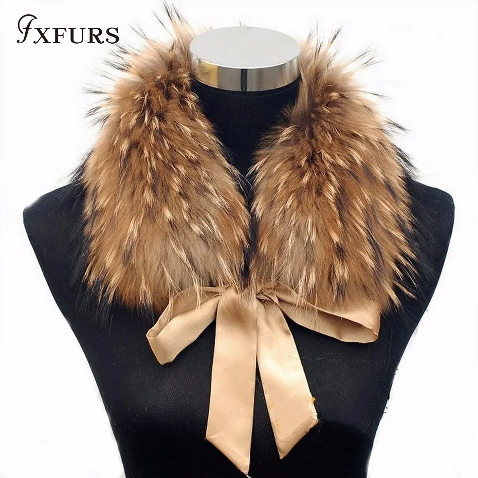 FXFURS 2020 new Fashion Fur Scarf Real Raccoon Dog Fur Collars with Ribbon Real Fur Stole for Wool Coats 48CM