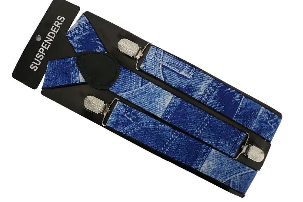 Winfox 3.5cm Wide Adustable Male Suspenders Belts 3 Clips Denim Blue Elastic Braces For Mens Suspender