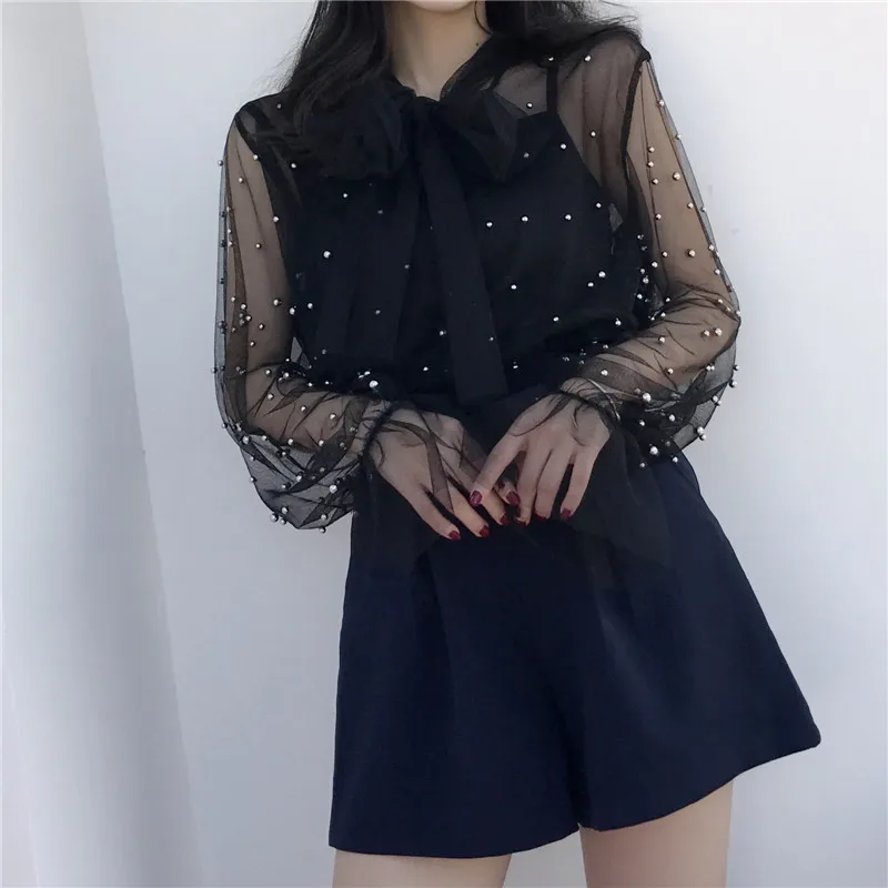 Hai Mảnh Phụ Nữ Lưới Áo Rắn Casual Tie Bow Ren sơ mi Nữ Beading Dài Tay Áo Cánh Đáy Áo + Tank Tops AB799