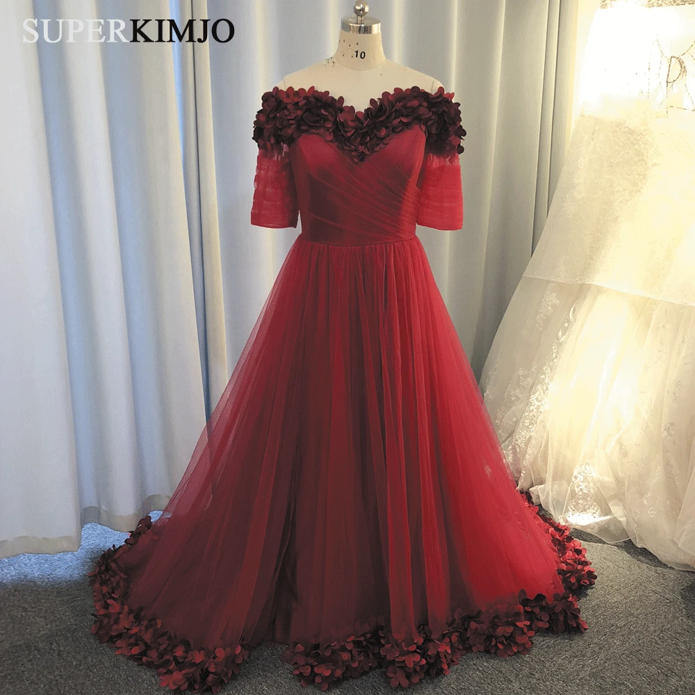 SuperKimJo 3D Flowers Prom Dresses Long Burgundy Off the Shoulder Elegant Prom Gown Vestidos De Graduacion Largos 2020