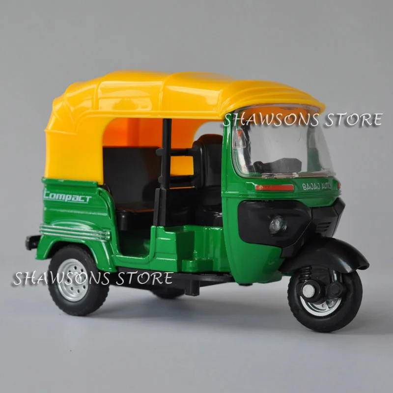 1:14 Scale Diecast Motorcycle Model Bajaj Auto Motor Tricycle Taxi Miniature Replica Pull Back Toy With Sound & Light