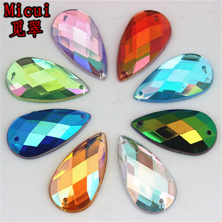 Micui 30PCS 16*30mm Drop Shape AB  Acrylic Rhinestone Sew On Flat Back Fancy Crystal Stones For Clothing Dress Decorations ZZ421