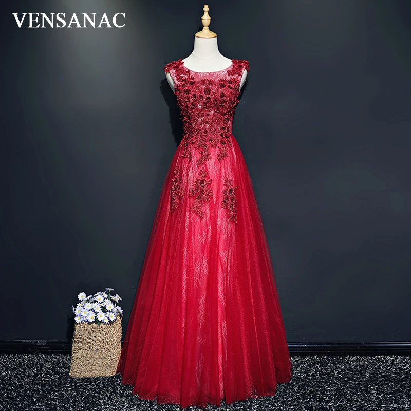 

VENSANAC 2018 Beading O Neck Sequined A Line Pearls Flowers Long Evening Dresses Party Lace Appliques Backless Prom Gowns