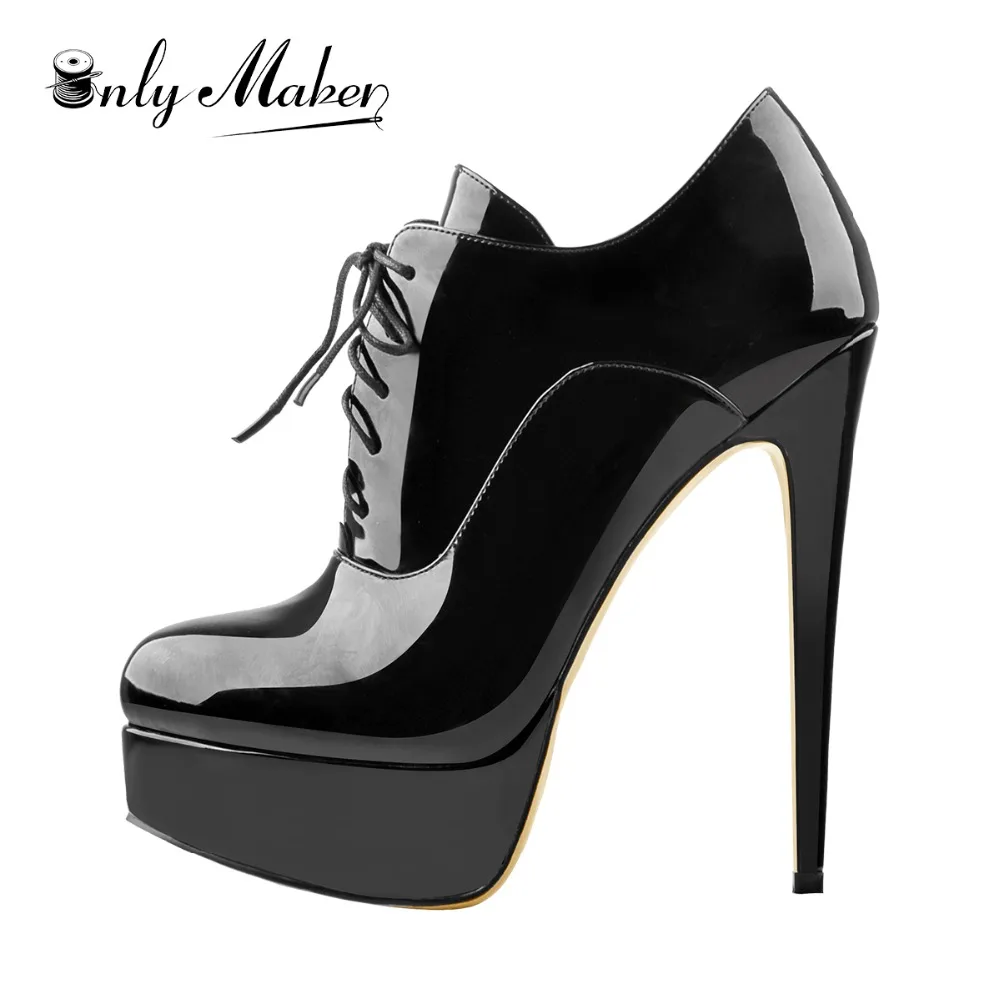 Onlymaker Women Platform Ankle Boots Patent Leather High Heel Lace Up Stiletto Comfy Plus Big Size Sexy Booties