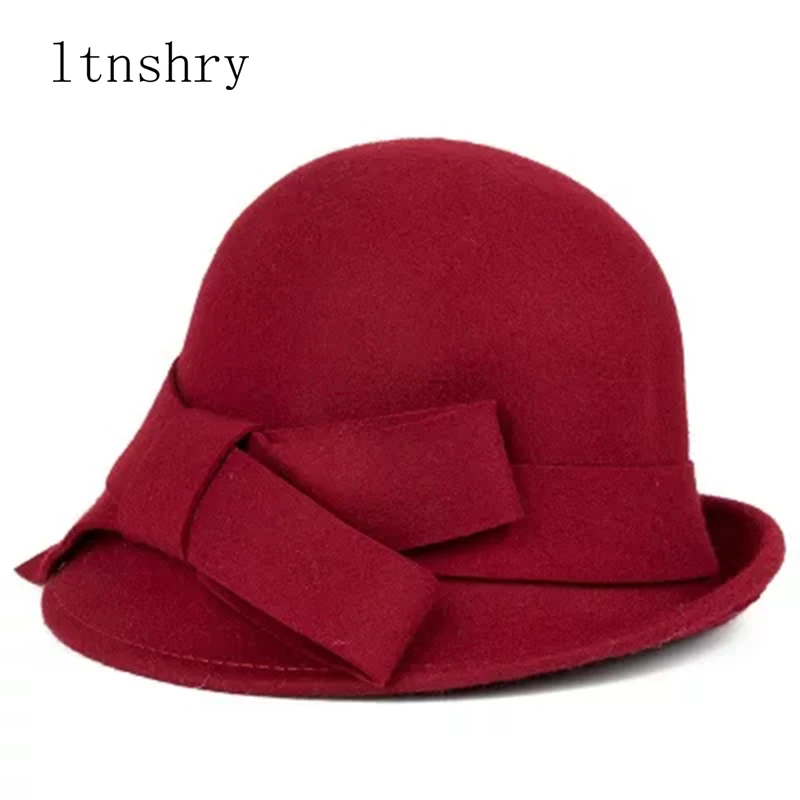 2019 new Elegant Wool Fedora Fashion Style Hat Bucket cap Women Bow Knot French Wool Cap Autumn Winter Trilby Bowler Hats