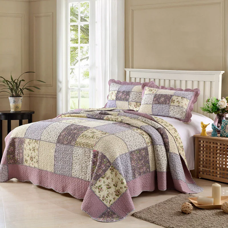 

Korea Style Bedspread on the Bed Patchwork Quilt Set 3PCS Quilted Blanket Washable Cotton Bed Covers King Size Coverlet