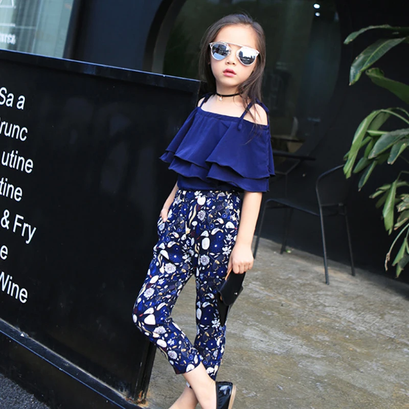 Fashion Summer Girls Clothing Set 2024 Children Off Shoulder Tops Floral Pants 2Pcs Kids Outfits Teen Girl Clothes 5 6 7 8 Years