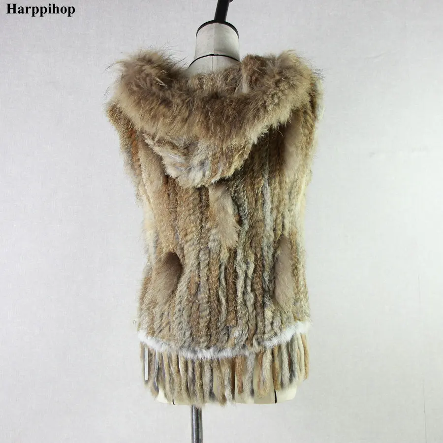 Real Fur Rabbit Fur vest with hat raccoon fur trimming knitted rabbit fur vest with hood fur waistcoat gilet  Fur Hat Brazil