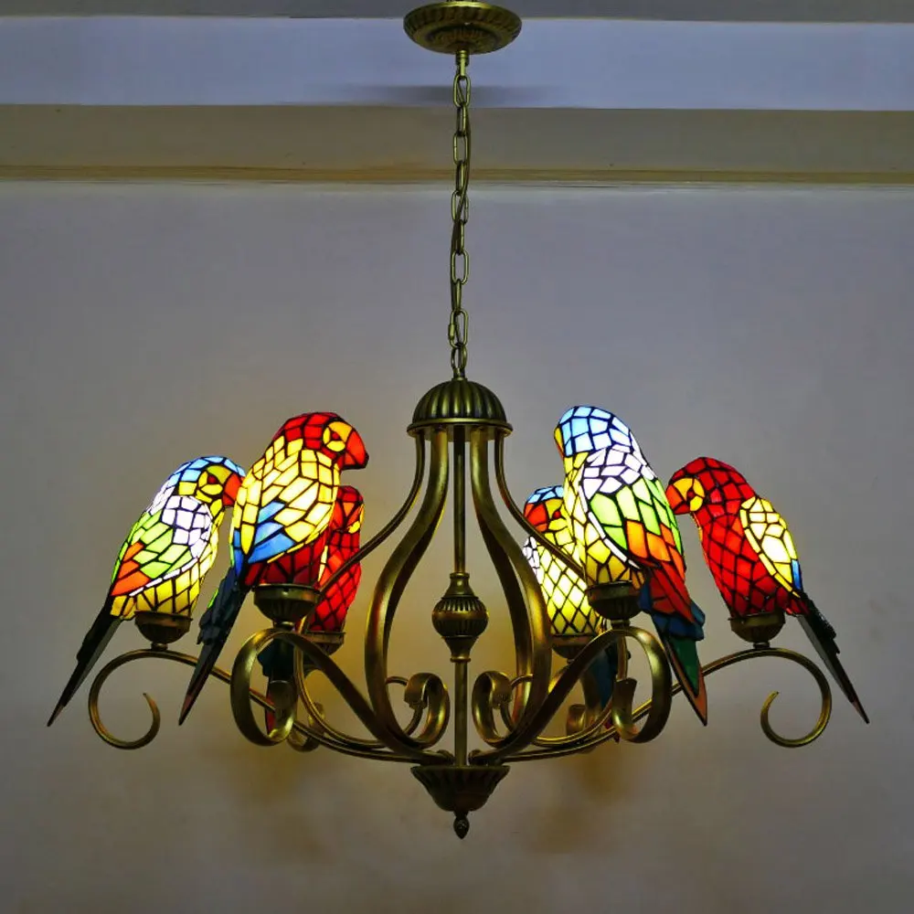 Restaurant Tiffany Parrots Chandelier Lamp Dining Room Glass Bar Counter Birds Hanging Lights Cafe House drop lights