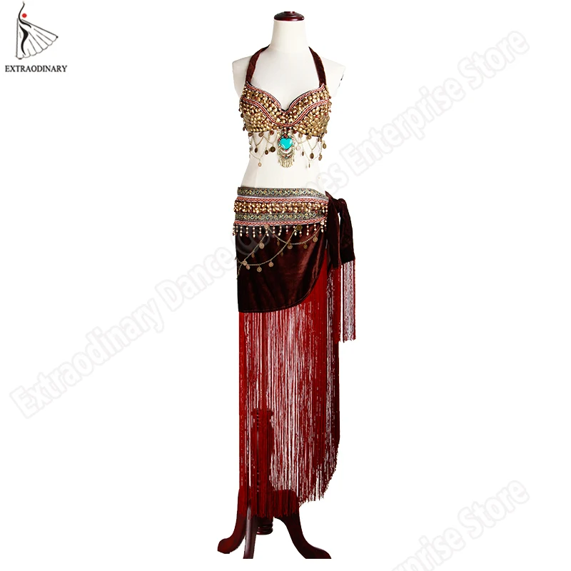 New Women ATS Tribal Belly Dance Bra Hip Scarf Costume Set Stage Performance Gypsy Top Belt Tassels 2Pcs Clothes 3 Colors