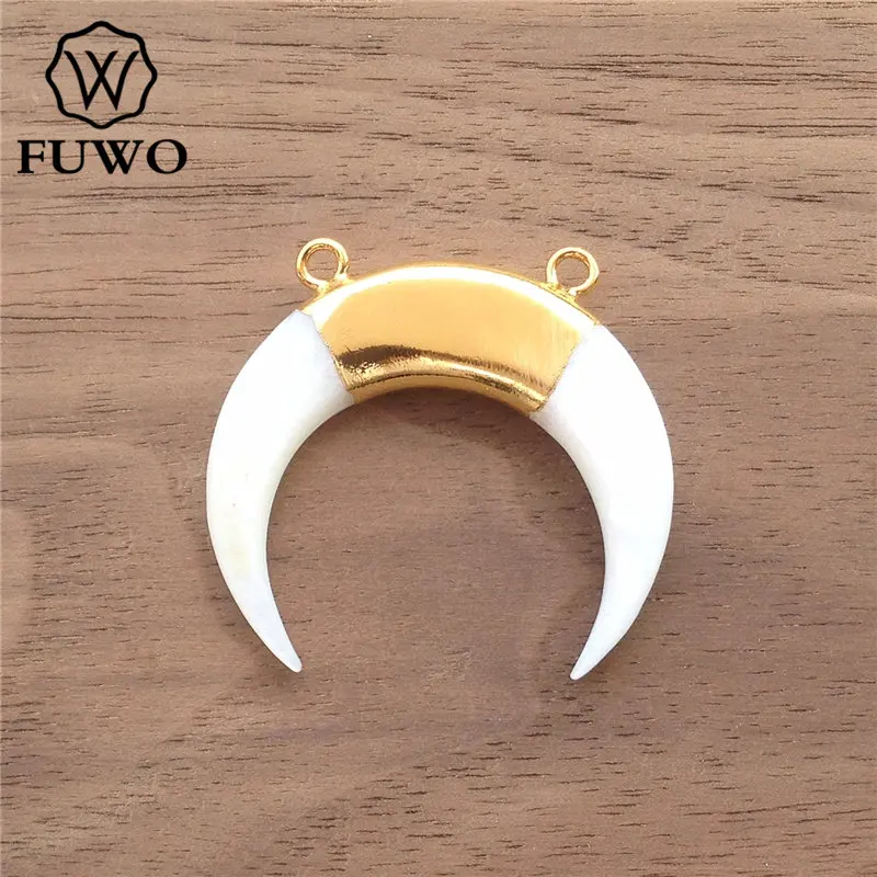 FUWO Wholesale Horn Shape Of White Shell Pendant,Golden Plated Crescent Jewelry Accessories For Necklace Making 5Pcs/Lot PD528