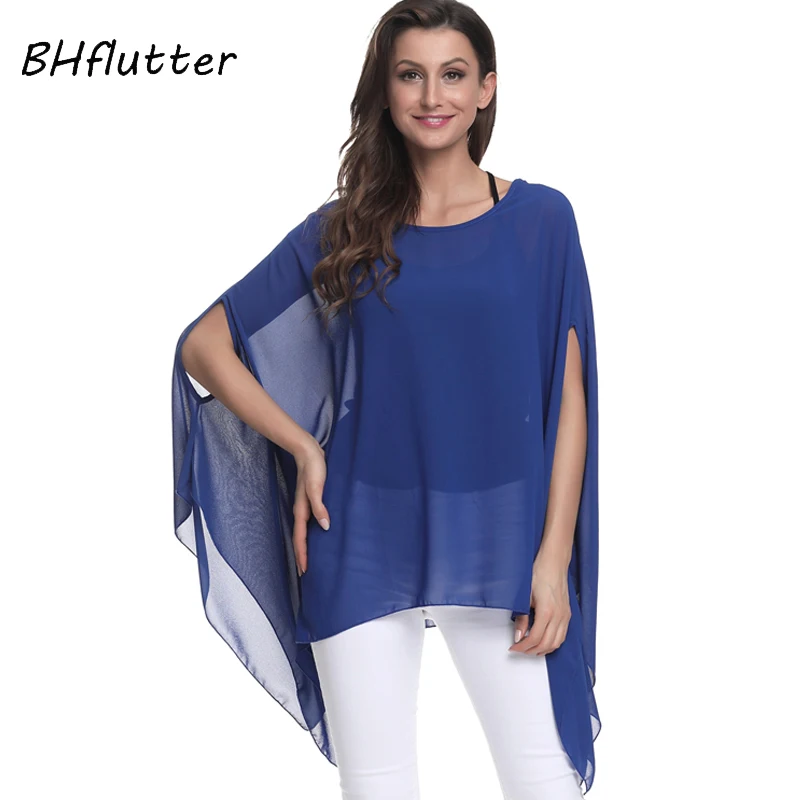 BHflutter Black Chiffon Tops Women Shirts Plus Size 5XL 6XL 2018 New Arrival Solid Casual Batwing Summer Blouses Chemise Femme