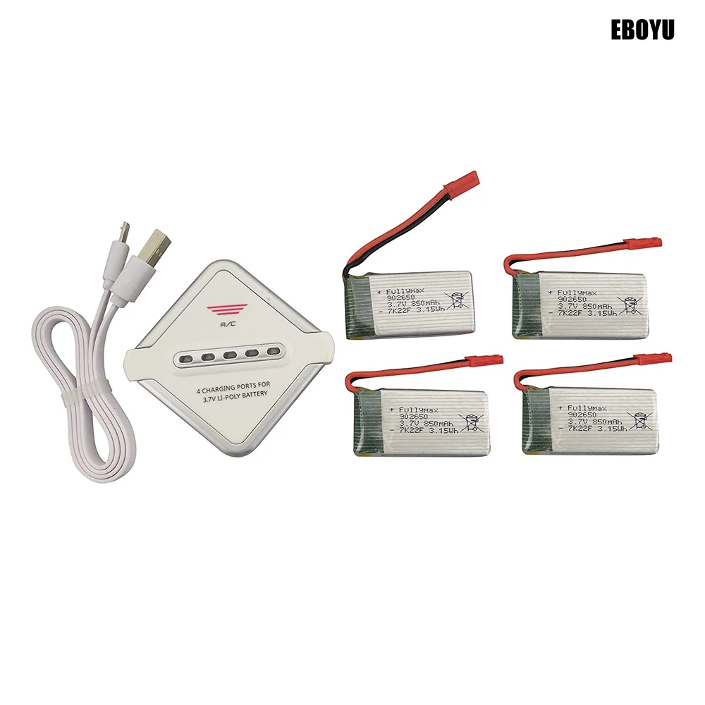 

4pcs* EBOYU 3.7V 850mah JST Lipo Battery+1 to 4 JST Balance Charger for SYMA X56 X56W X54HW X54HC Foldable RC Quadcopter Drone