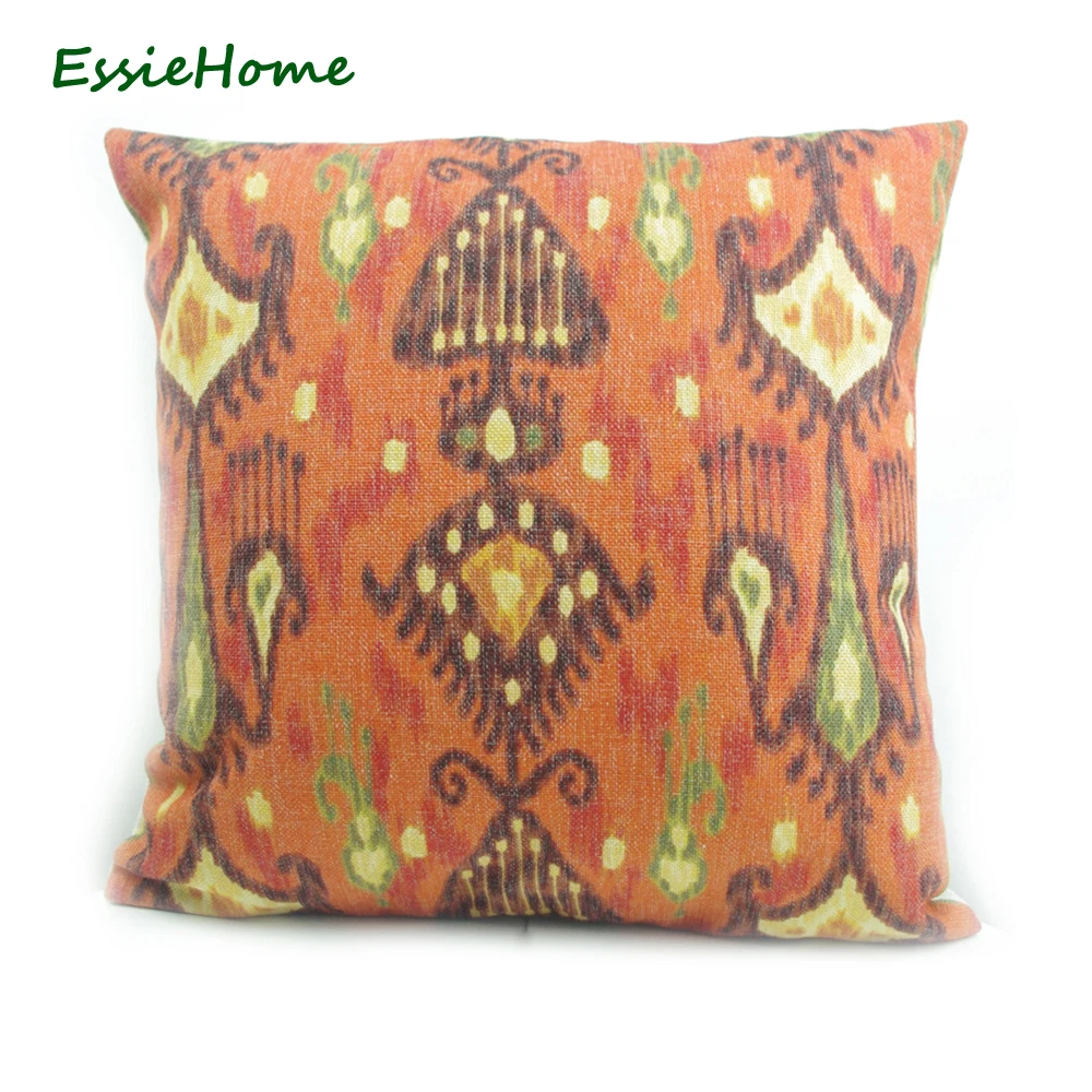 ESSIE HOME High-End Hand Print Orange Tangerine Ikat Pattern Pillow Case Cushion Cover For Sofa Vintage Look Home Decoration Thr