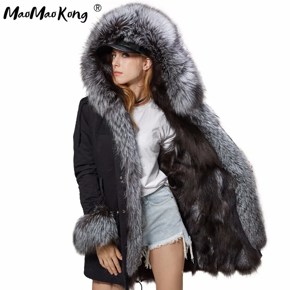Maomaokong Natürliche fuchs pelz futter pelzmantel winter jacke frauen outwear warme dicke parkas echt fox pelz kragen mantel mit kapuze