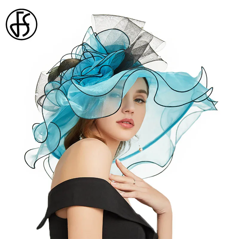 FS-Wide Brim Fascinator للنساء ، قبعة زفاف أنيقة ، أورجانزا صيفية ، قبعة شمس للشاطئ ، سيدات ، أزرق ، زهرة وردية ، قبعات ديربي كنتاكي