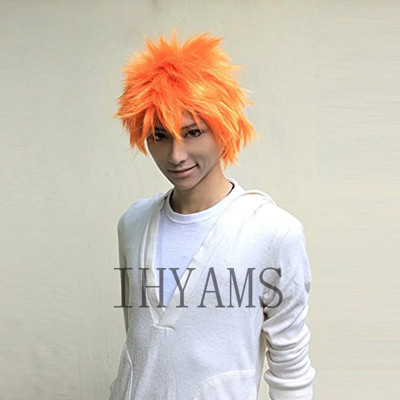 Leach kurosaki ichigo curto laranja cosplay perucas para homem meninos resistente ao calor do cabelo sintético + peruca boné