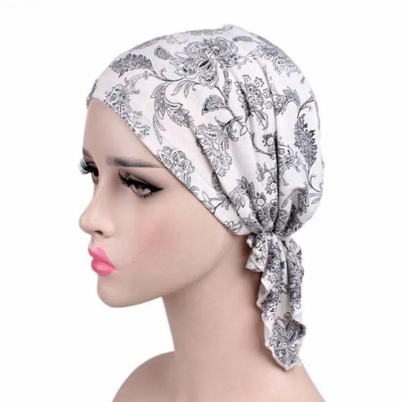 New Stretch Cotton Printing CHEMO CAP Pre-tie style Spring Summer Brand Skullies Beanies Women Turban Chemotherapy Cap