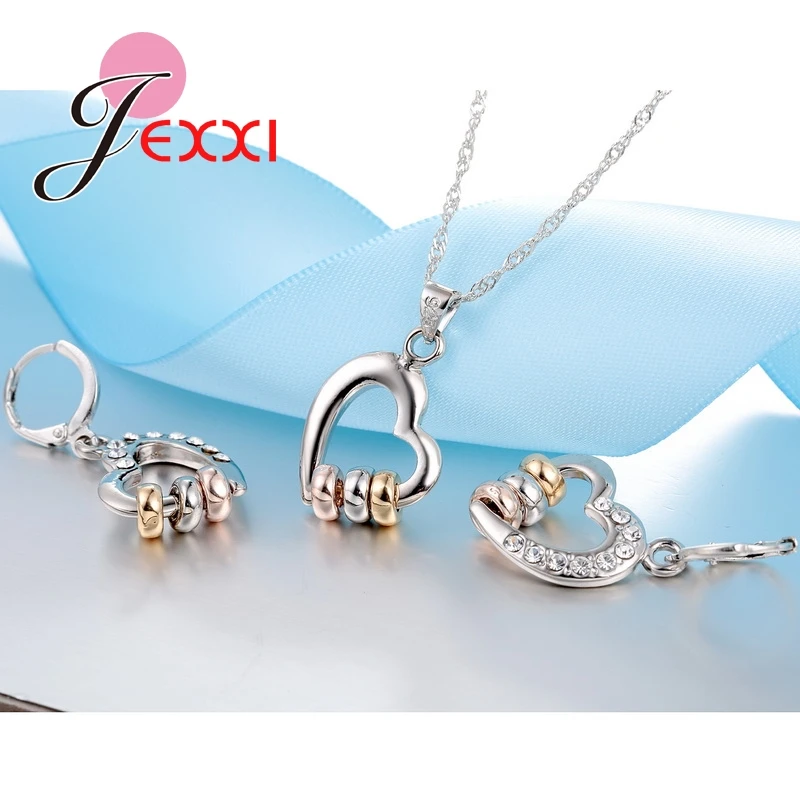 Ensembles de bijoux en argent regardé 925 pour femmes, collier romantique, boucles d\'oreilles en forme de cœur, mariage pour dames, zircone cubique