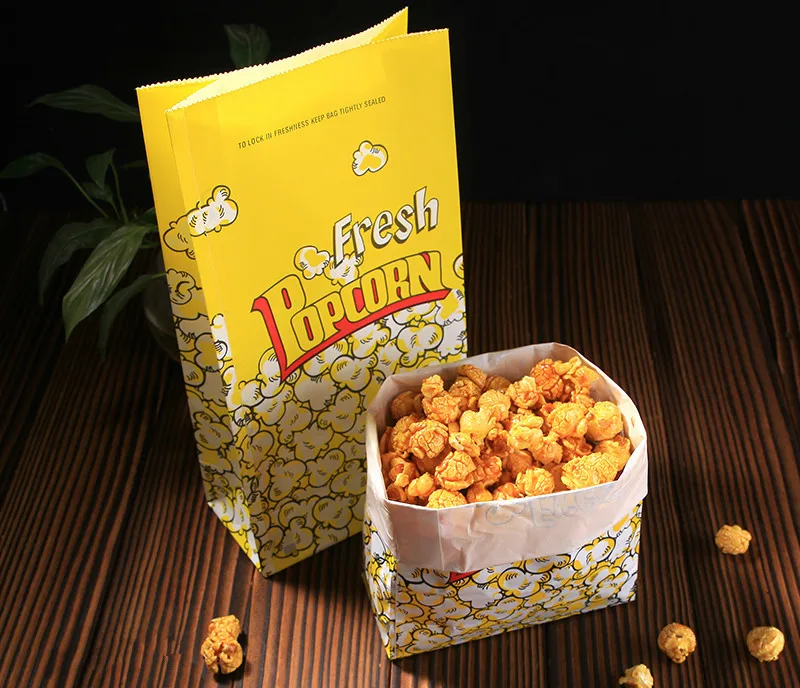 20Pcs Popcorn Bags Paper Yellow Wedding Popcorn Bags Birthday Party Kids Oil Proof Kraft Paper Popcorn Bag Box Food Container