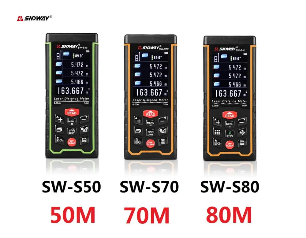 

SNDWAY Range Flinder Digital Laser Distance Meter Colorful Screen Range Finder Rangefinder Laser Measure Tape SW-S50/70/80