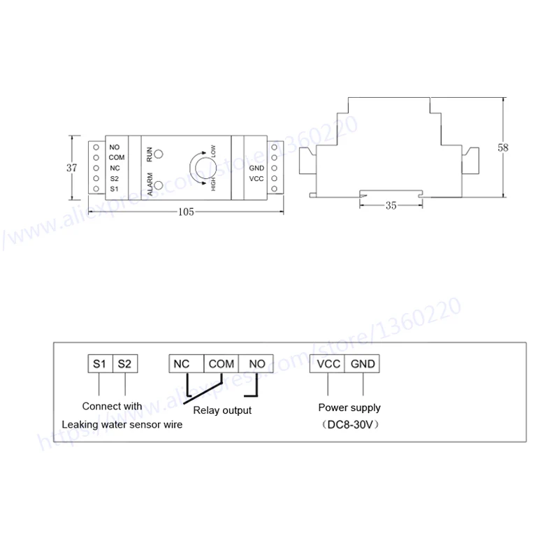 with 2m sensor wire 35mm Din liquid Water Leakage Detector water switch output Flooding liquid leaking relay leak alarm device
