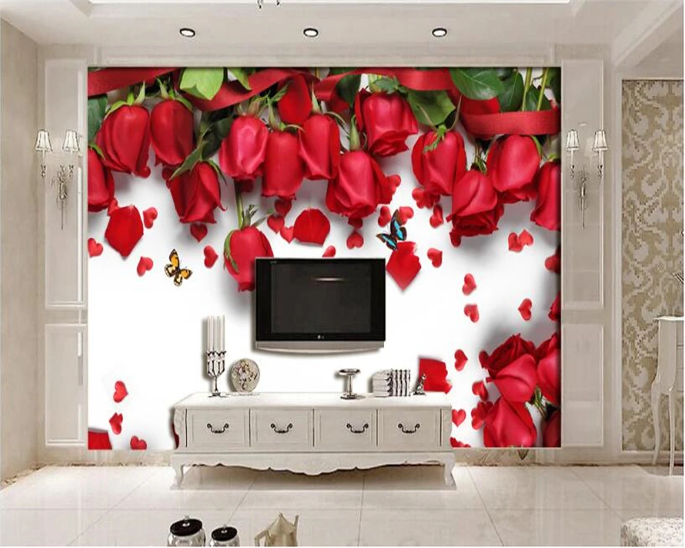 beibehang Large Interior Customizable Silky Wall paper Simple Red Rose Petals TV Background wallpaper for walls 3 d papier peint