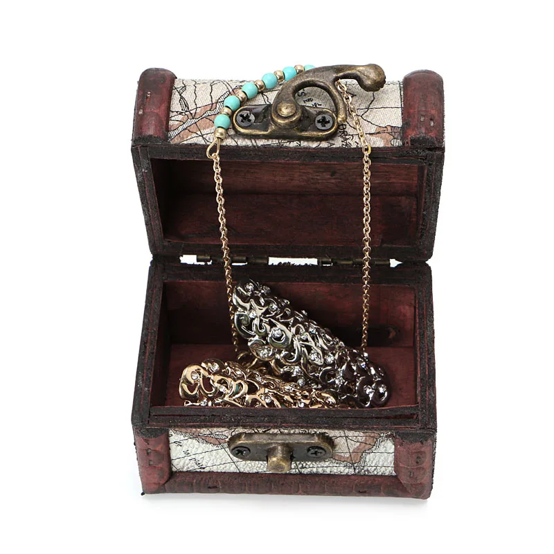 Top Quality Wooden Pirate Map Jewellery Storage Box Case Holder Vintage Treasure Chest MAY-24B