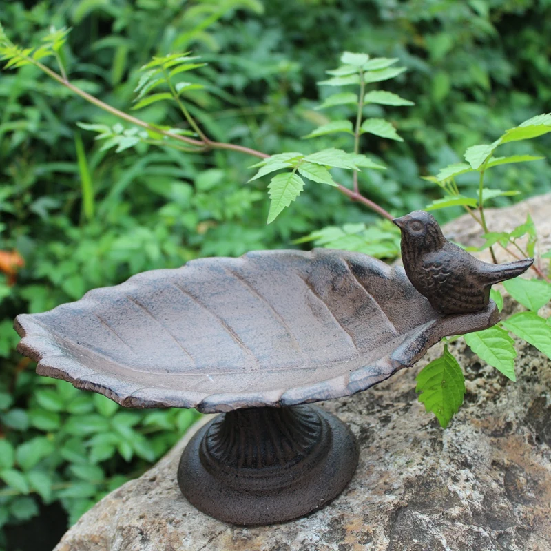 Antique Rustic Leaf Cast Iron Bird Feeder With Round Base Farm House Accents Handmade Heavy Metal Storage Bowl Footed Leaf Plate