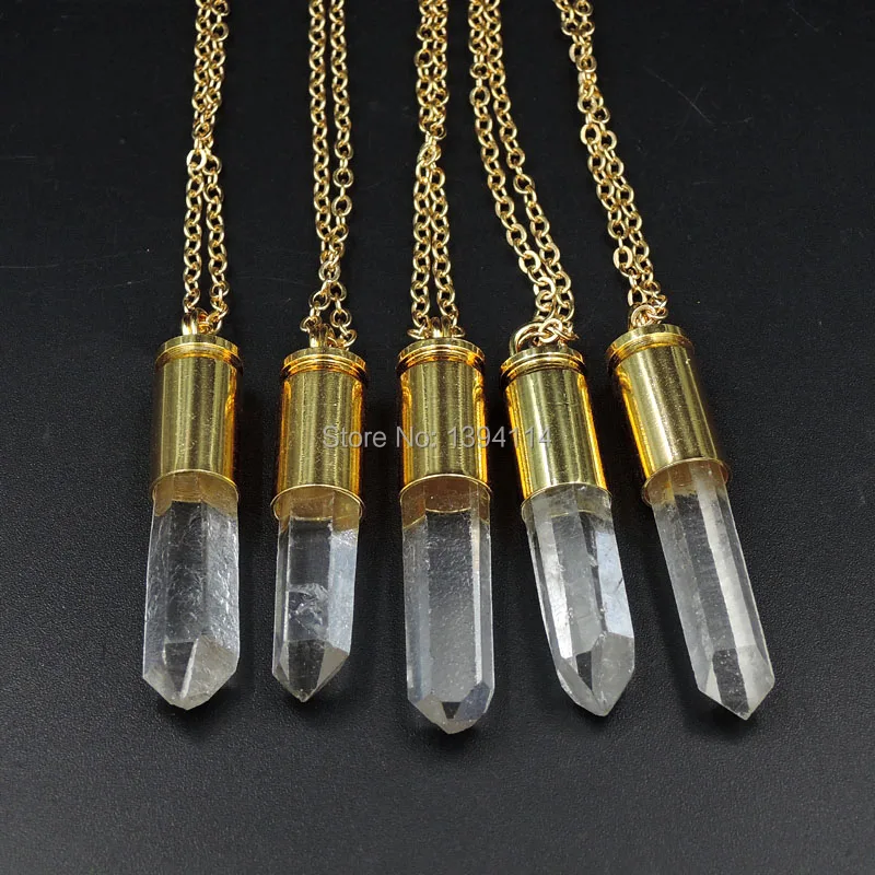 Natural Clear Quartz Pillar Point Pendant Necklace Glued Brass Cartridge Case Gold Plated Approx 45*10mm