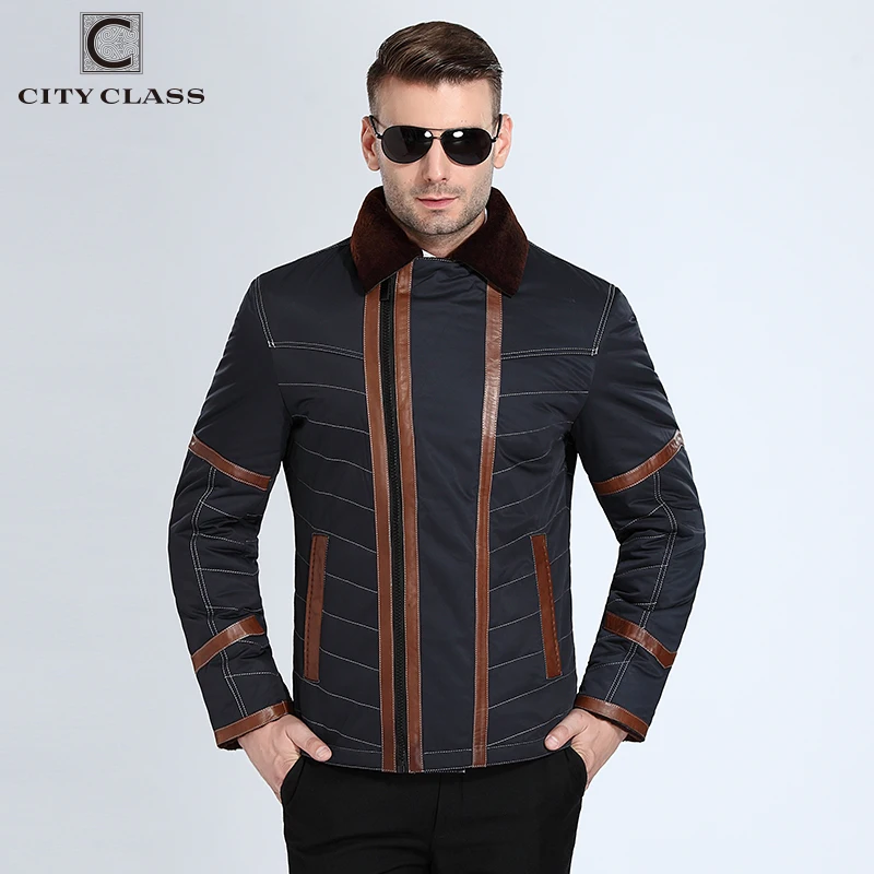 CITY CLASS New Thick Warm Winter Jacket Men Overcoat Fashion Nick Sheared Sheep Skin Suit Collar With Leather blue 14-310(G)