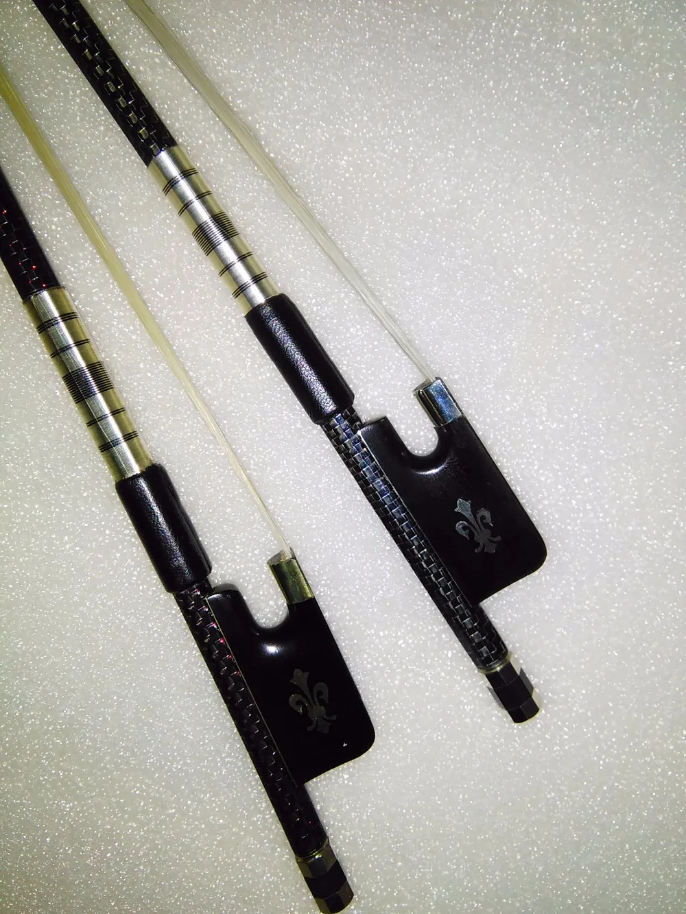 2 PCs Quality Cello Bow Carbon Fiber Bow Stick Ebony Frog One Silver Wire Inlay and One with Red Wire Inlay White Bow Hair