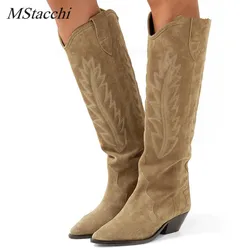 MStacchi-Botas altas bordadas de ante para mujer, botines hasta la rodilla, Sexy, puntiagudos, tacones de gatito