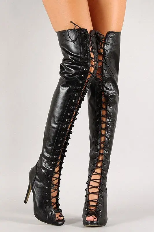 Unique Designer Mirror Leather Silver Gold Peep Toe High Heel Thigh High Boots Patent Cross Tied Over The Knee Stiletto Shoes